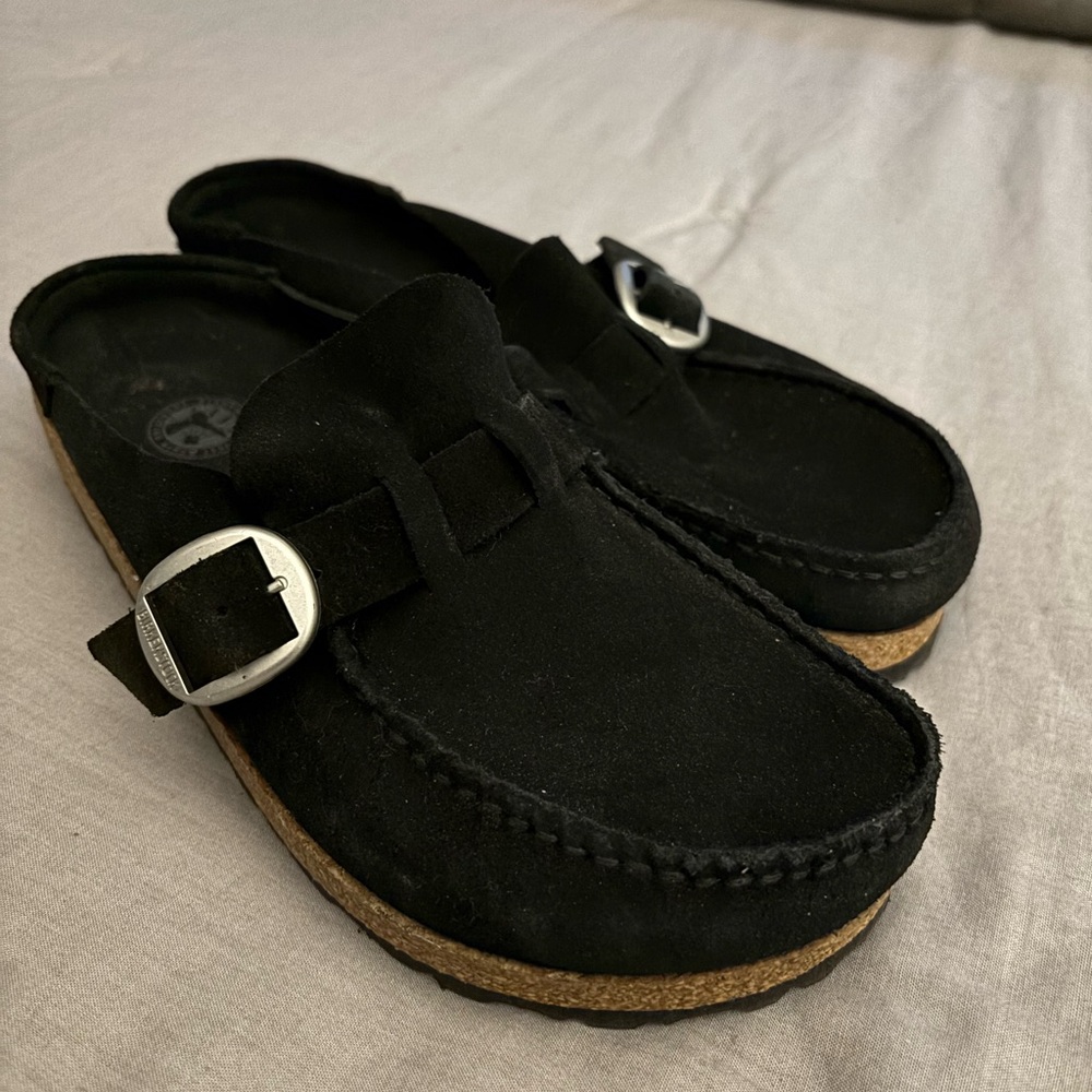 Birkenstock Black Suede Loafers with Metallic Buckle - Picture 1 of 6